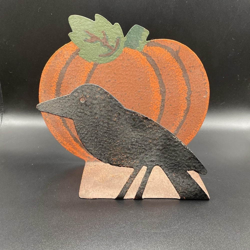 Vtg Hallmark Halloween Black Crow/Pumpkin Metal Napkin Holder Rustic